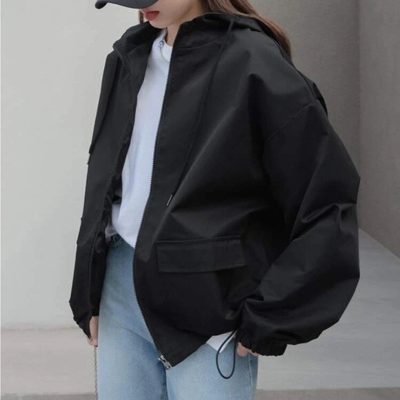 Dazy SHEIN Black Drop Shoulder Drawstring Hooded Jacket Small - Picture 8 of 8